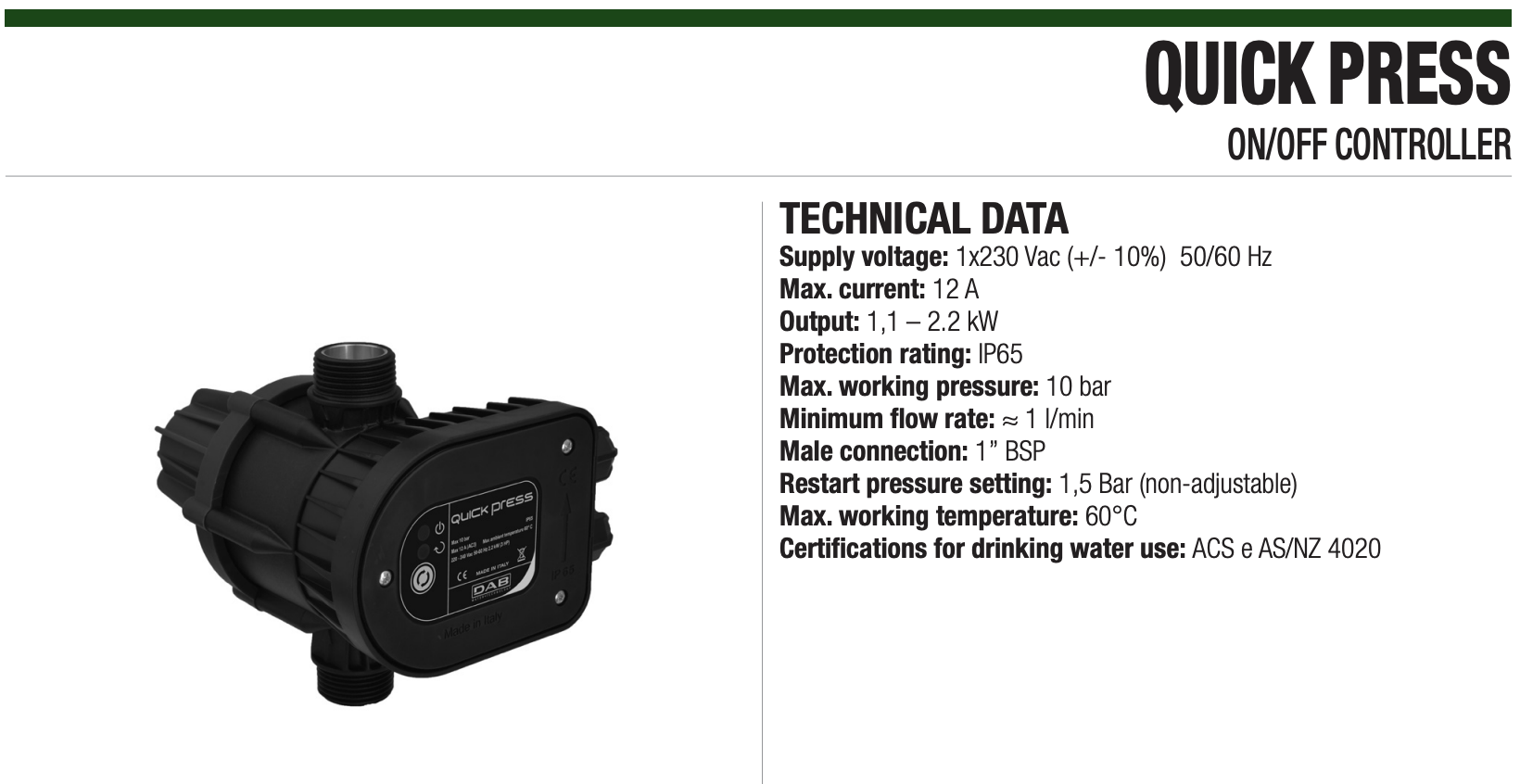 Блок управления насосом DAB QUICK PRESS 1.1-2.2 kW 1x230V 1.5 Bar S/CAVI купить в Украине