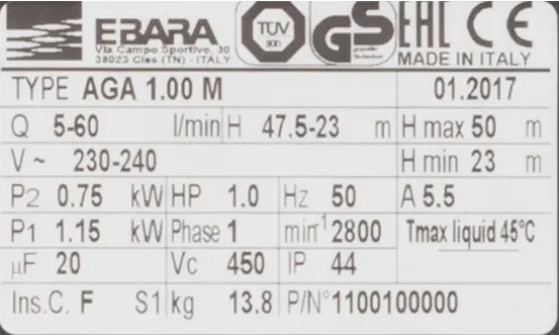 Відцентровий самовсмоктувальний насос Ebara AGA 1.00 купити в Україні